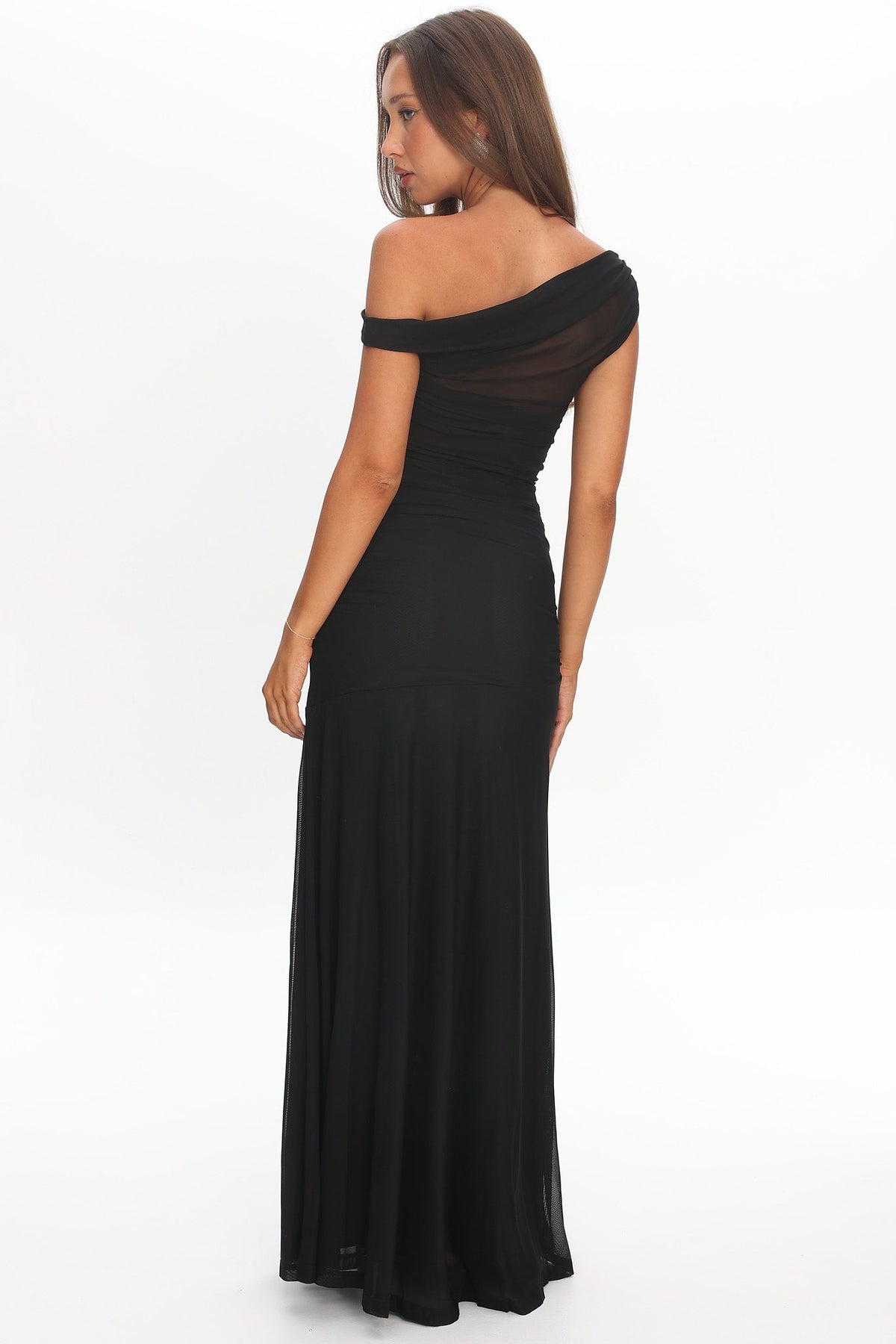 Lucille Black Dress with Asymmetric Neck and Mesh Panel
