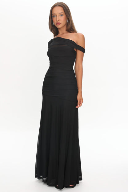Lucille Black Dress with Asymmetric Neck and Mesh Panel