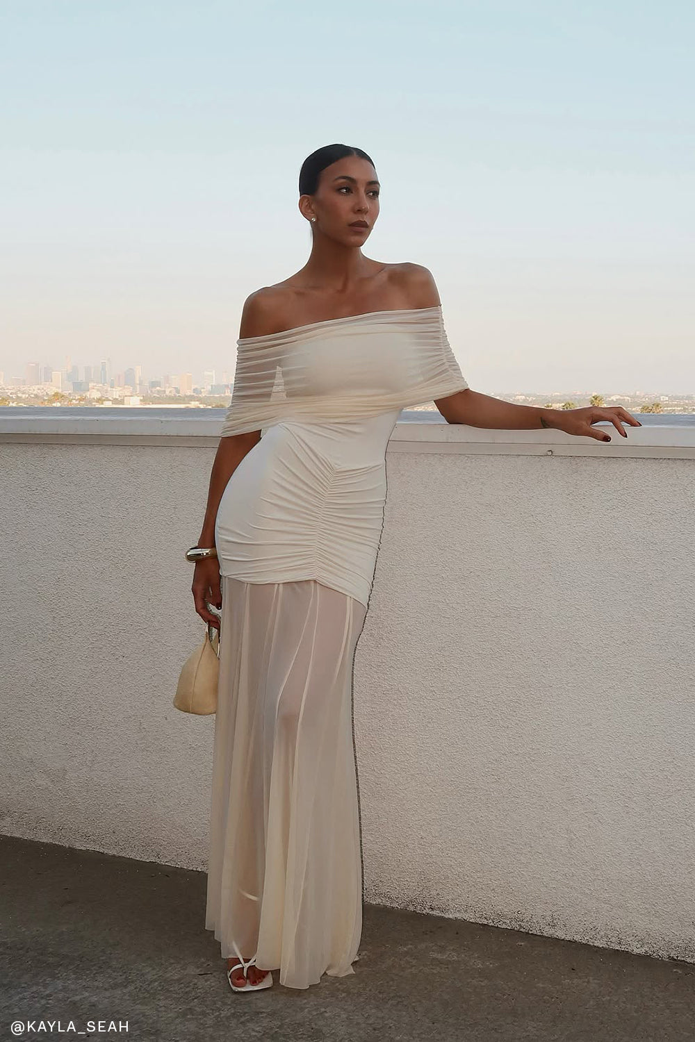 Caspian Slinky Mesh Off-Shoulder Evening Dress