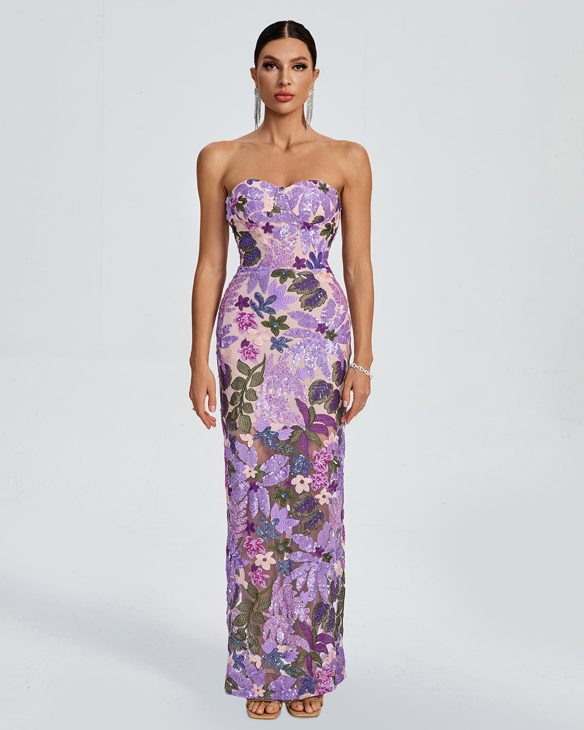 Giulia Sequin Dress with Strapless Neck and Floral Pattern