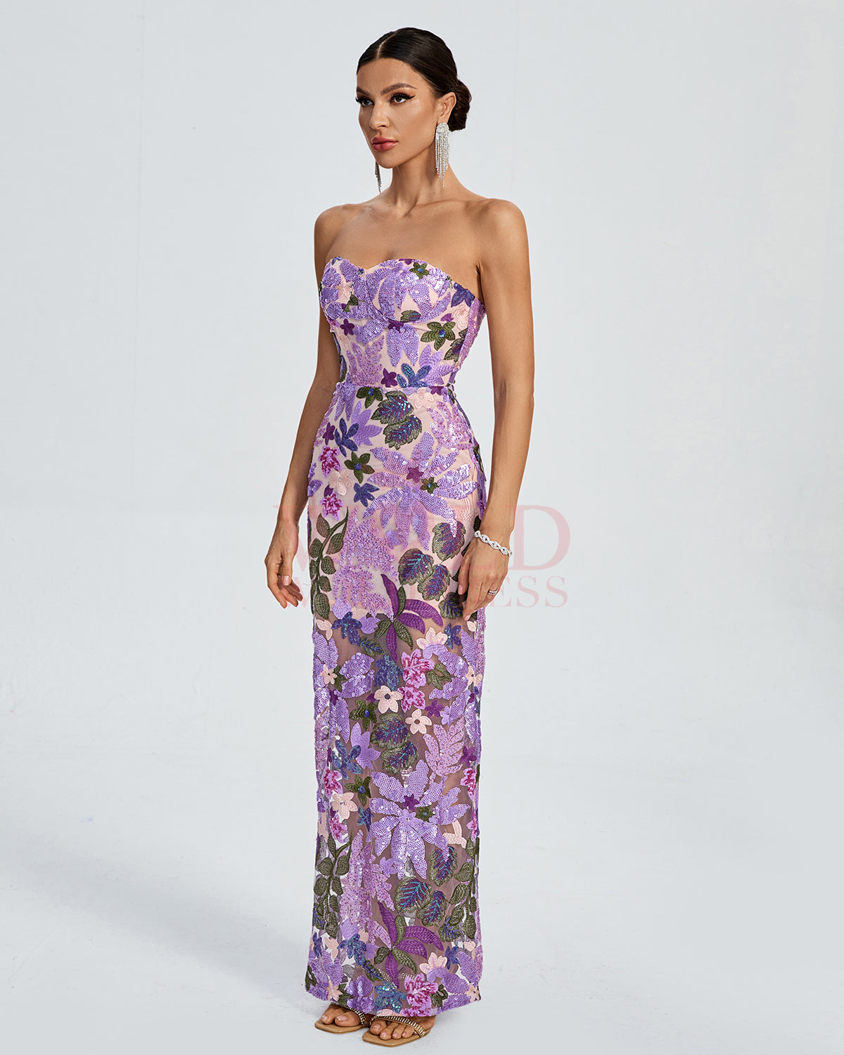 Giulia Sequin Dress with Strapless Neck and Floral Pattern