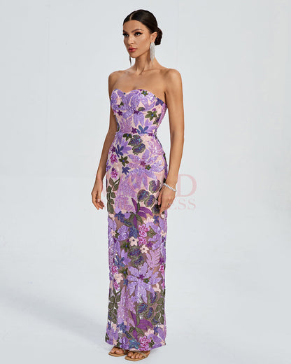 Giulia Sequin Dress with Strapless Neck and Floral Pattern