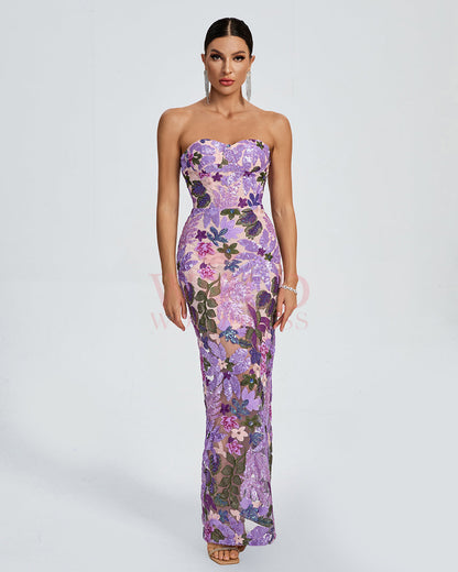 Giulia Sequin Dress with Strapless Neck and Floral Pattern