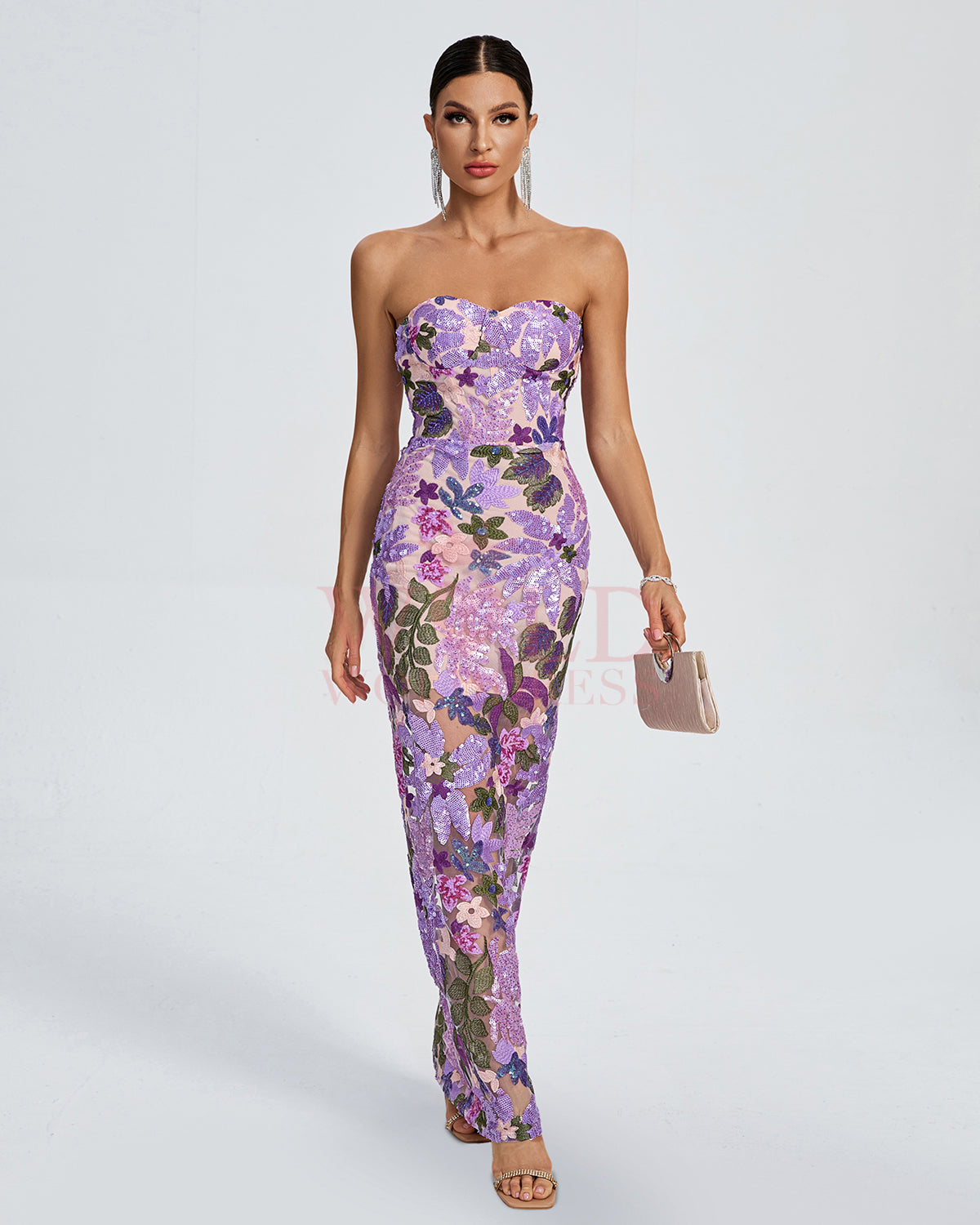 Giulia Sequin Dress with Strapless Neck and Floral Pattern