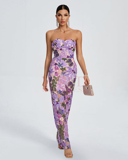 Giulia Sequin Dress with Strapless Neck and Floral Pattern