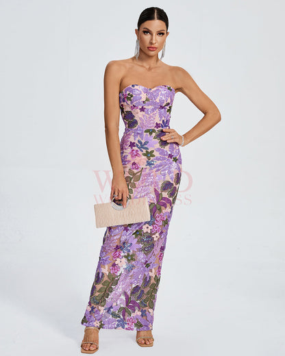 Giulia Sequin Dress with Strapless Neck and Floral Pattern