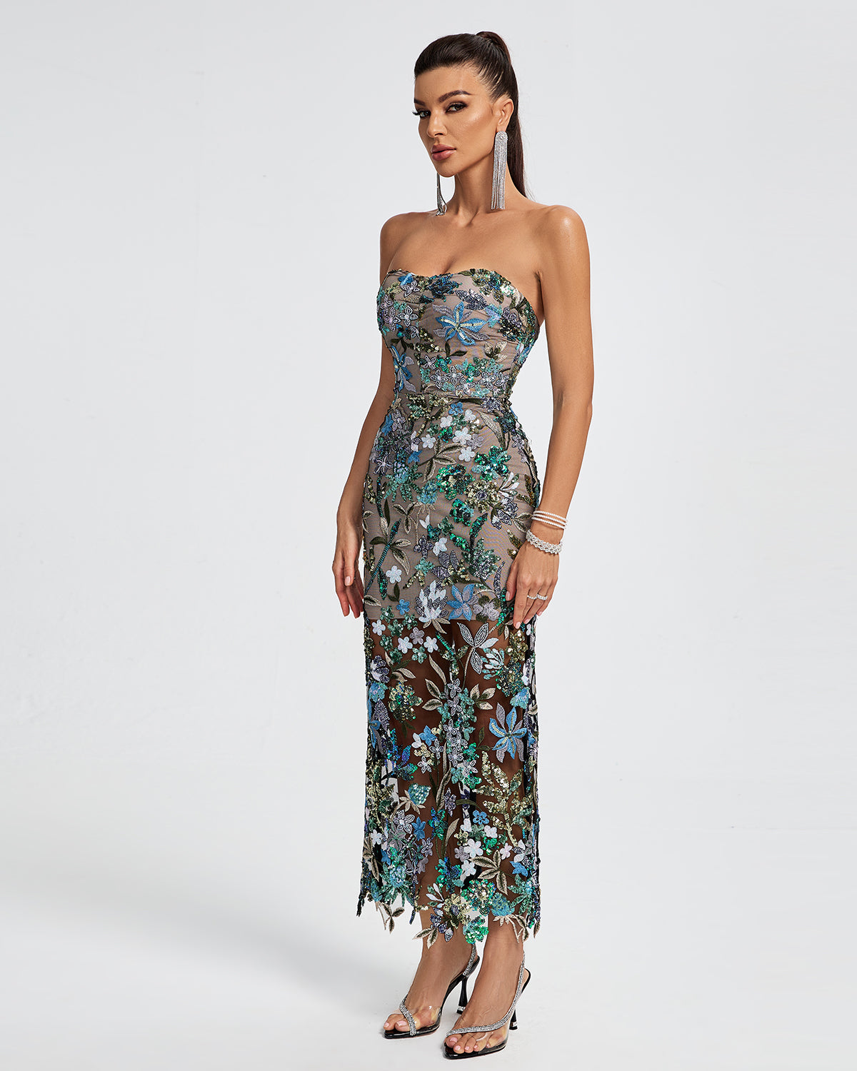 Seren Sequin Dress with Strapless Neck and Floral Sequins