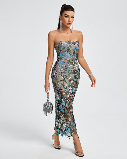 Seren Sequin Dress with Strapless Neck and Floral Sequins
