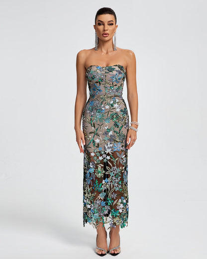 Seren Sequin Dress with Strapless Neck and Floral Sequins
