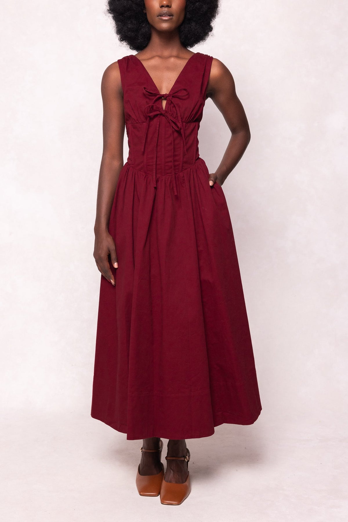 Mette Burgundy Dress with Lace-Up Front and Full Skirt