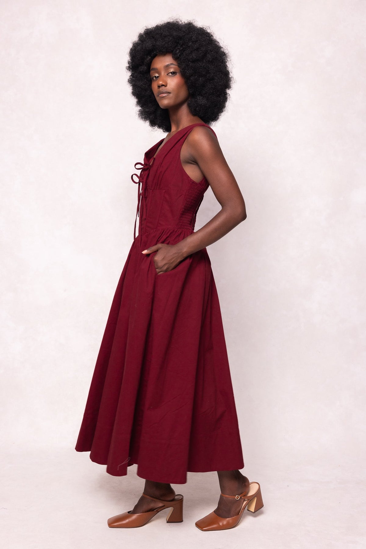 Mette Burgundy Dress with Lace-Up Front and Full Skirt