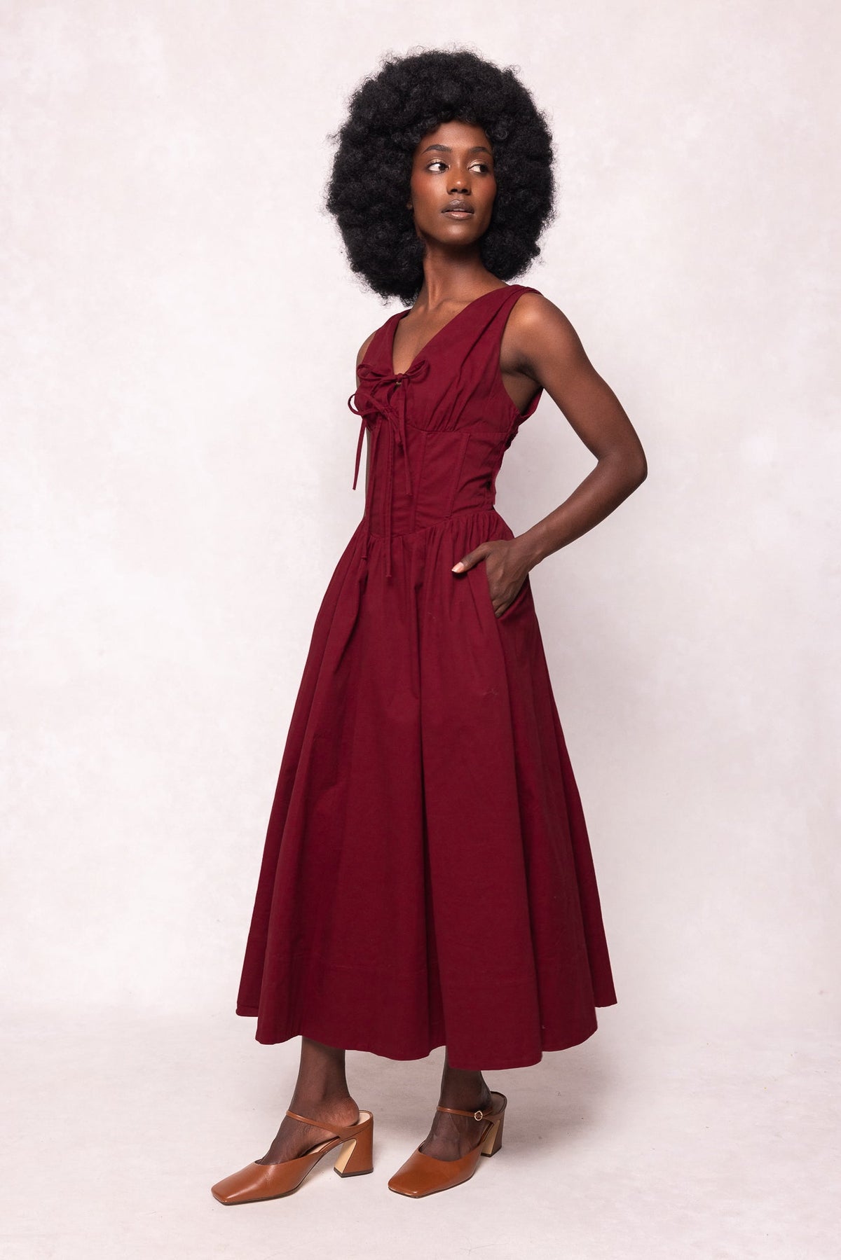 Mette Burgundy Dress with Lace-Up Front and Full Skirt