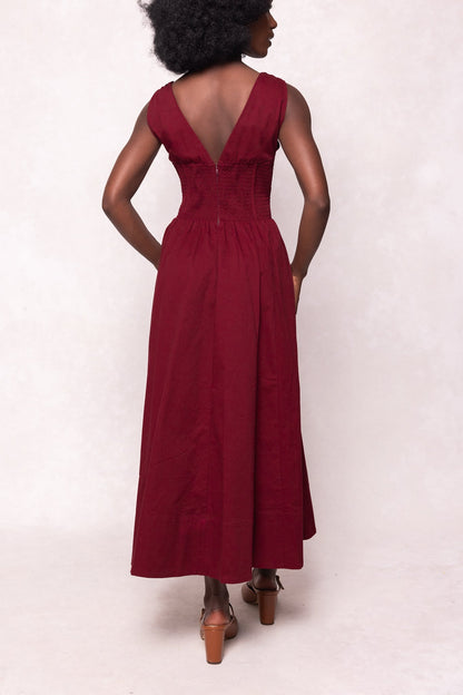 Mette Burgundy Dress with Lace-Up Front and Full Skirt