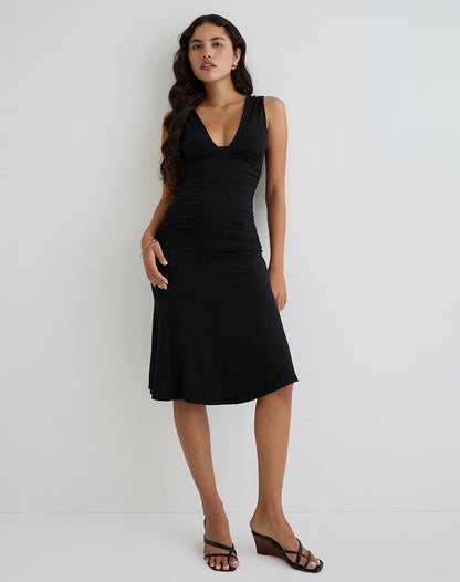 Bree Black Dress with V Neck and Fluted Midi Hem