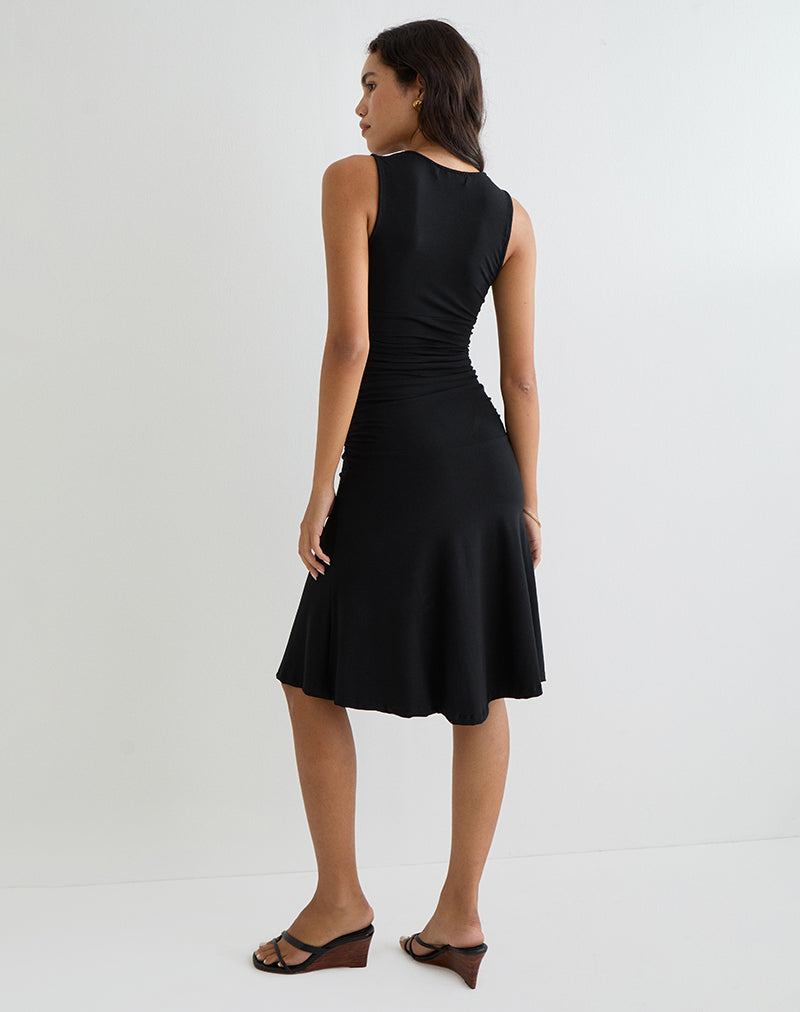 Bree Black Dress with V Neck and Fluted Midi Hem