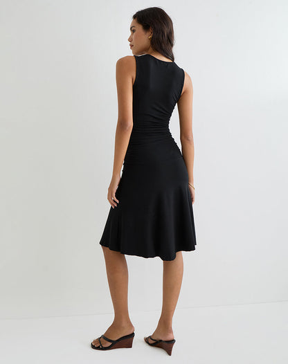 Bree Black Dress with V Neck and Fluted Midi Hem