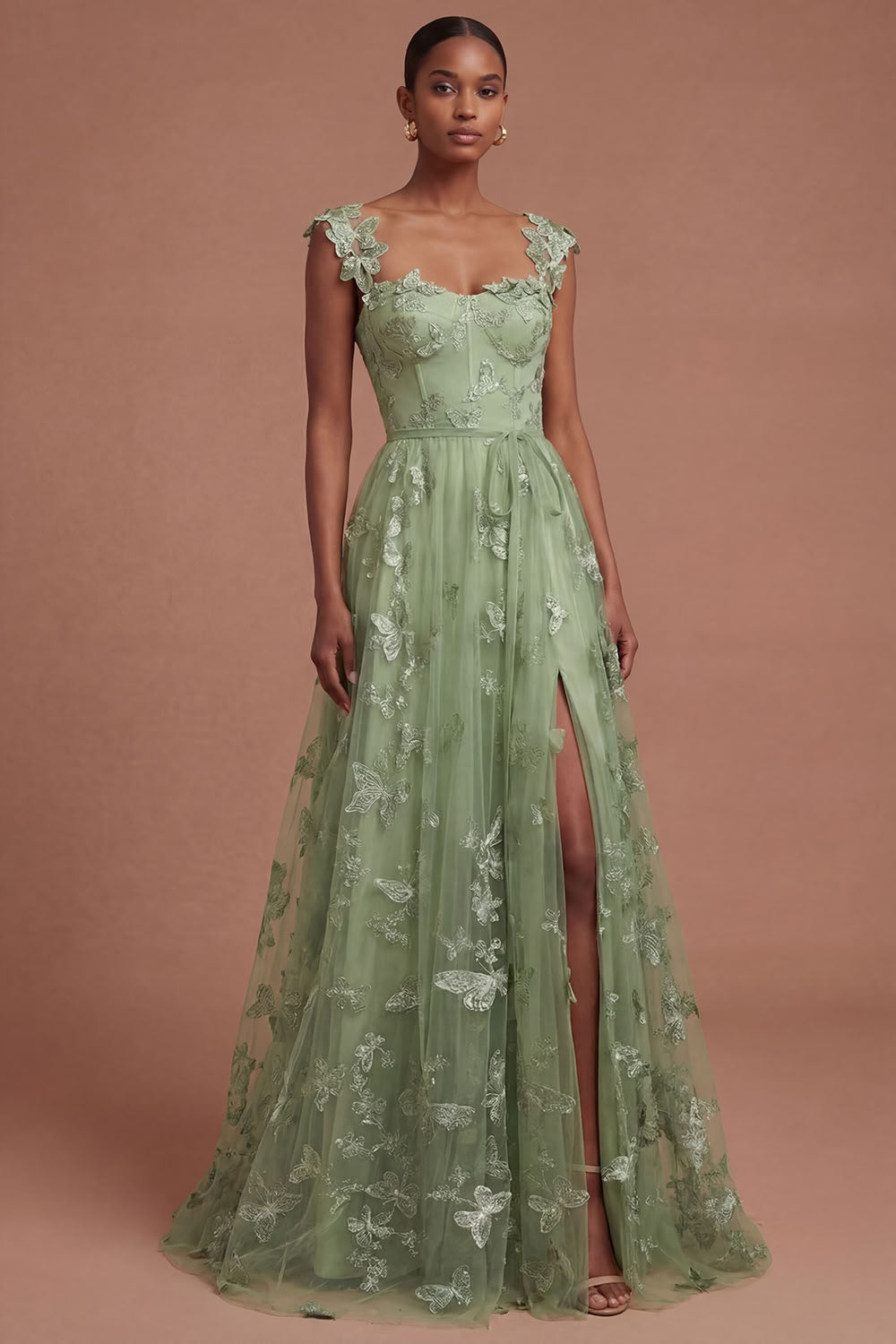 Rhiannon Green Dress with Corset Bodice and Appliqued Tulle
