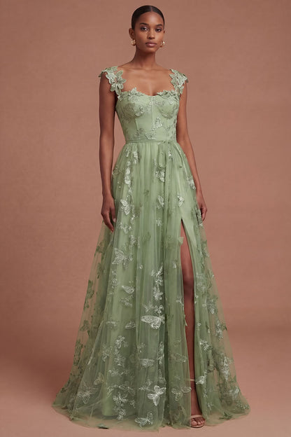 Rhiannon Green Dress with Corset Bodice and Appliqued Tulle