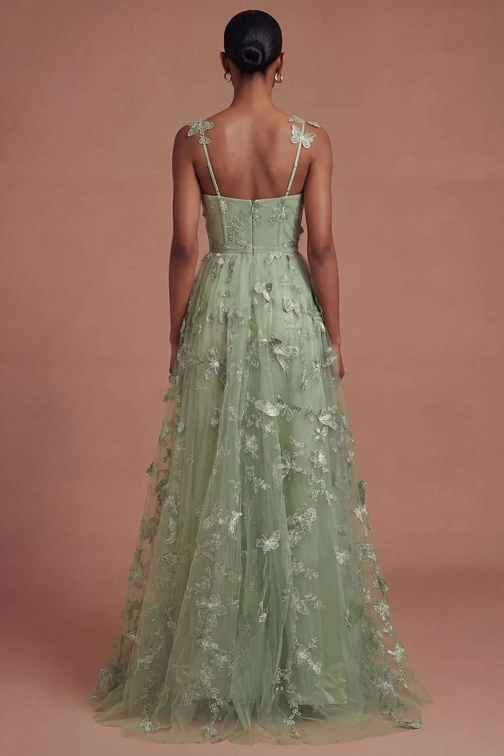 Rhiannon Green Dress with Corset Bodice and Appliqued Tulle