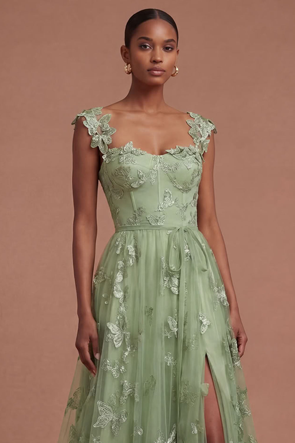 Rhiannon Green Dress with Corset Bodice and Appliqued Tulle