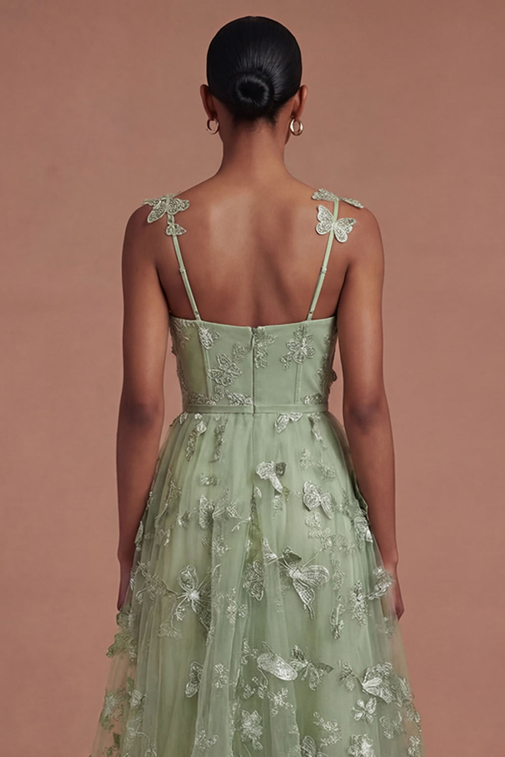 Rhiannon Green Dress with Corset Bodice and Appliqued Tulle