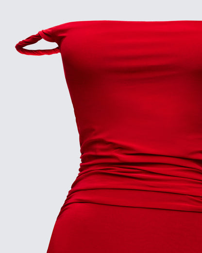 Nicoletta Red Dress with Twist Straps and Ruched Body
