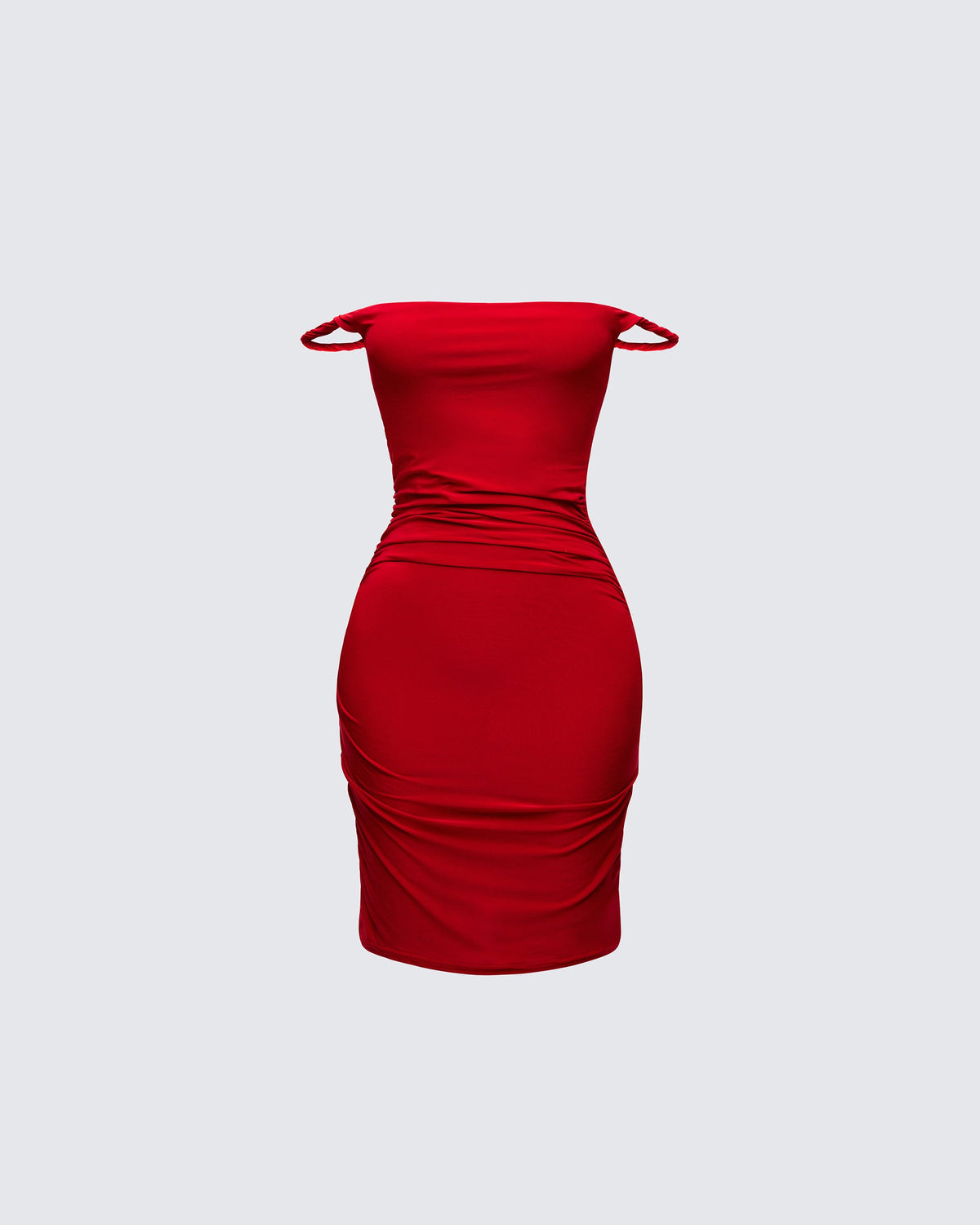 Nicoletta Red Dress with Twist Straps and Ruched Body