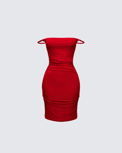 Nicoletta Red Dress with Twist Straps and Ruched Body
