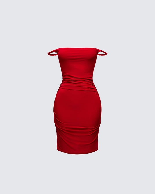 Nicoletta Red Dress with Twist Straps and Ruched Body