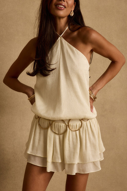 Posy Cream Dress with Halter Neck and Ruffled Hem
