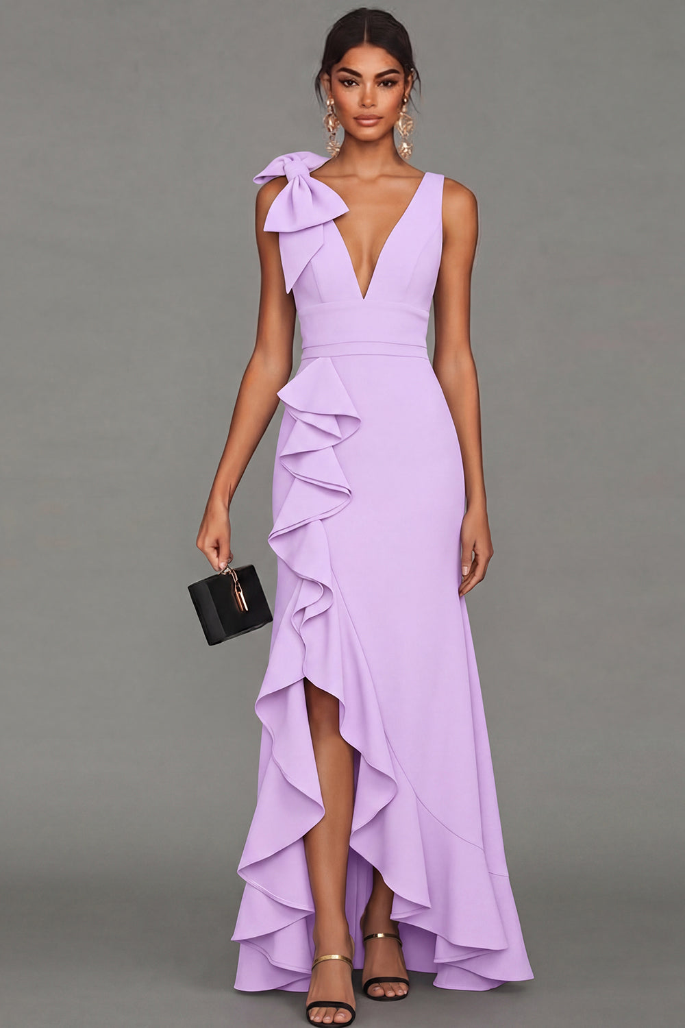 Callista Formal Dress with V Neck and Ruffled Skirt