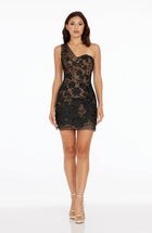 Briony Black Dress with 3D Floral Lace and Mini Length