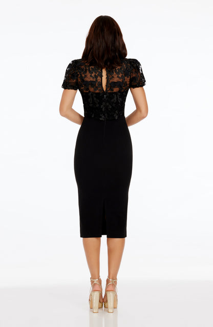 Cadence Black Dress with Puff Sleeves and Midi Length