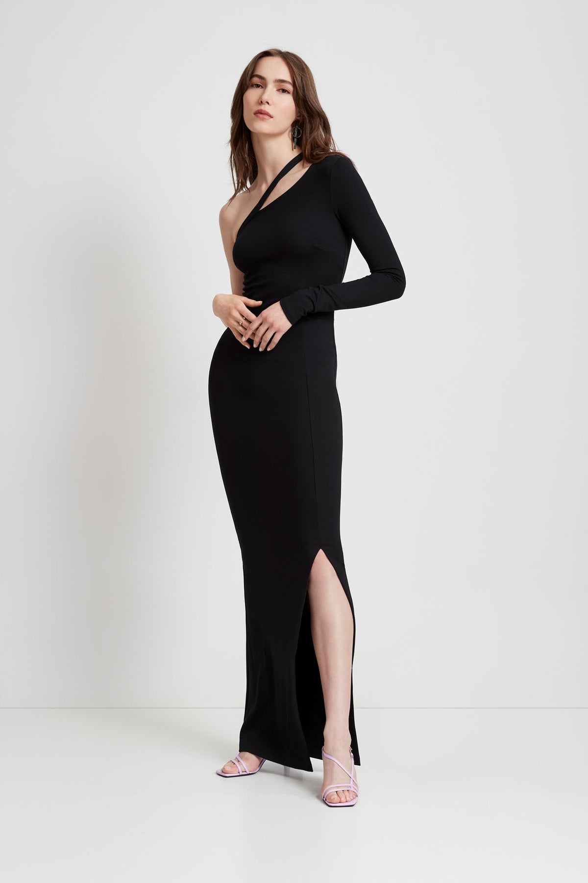 Georgie Long Sleeve Dress with One Shoulder and Side Slit