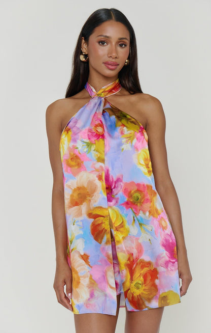 Laila Twist Mini Dress in Brushed Blooms