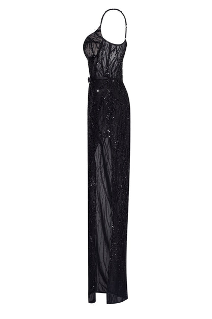 Stevie Black Dress with Sequin Mesh and Fine Straps