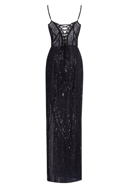Stevie Black Dress with Sequin Mesh and Fine Straps