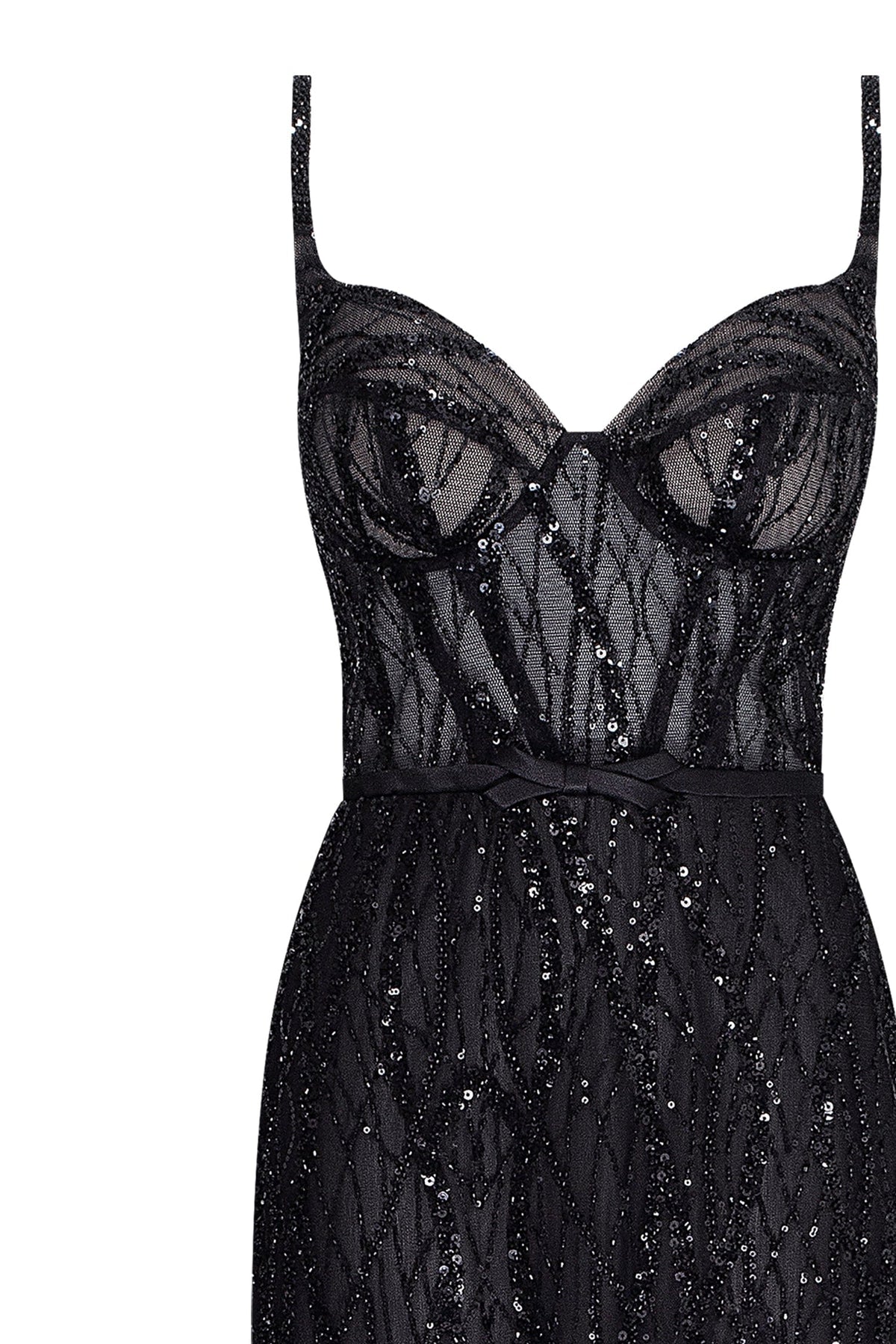 Stevie Black Dress with Sequin Mesh and Fine Straps