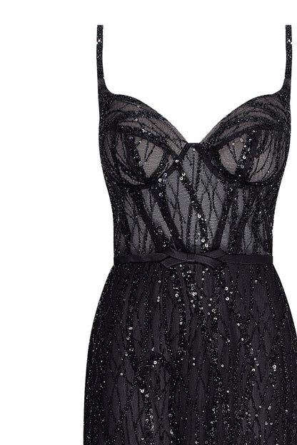 Stevie Black Dress with Sequin Mesh and Fine Straps
