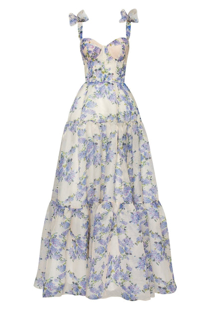 Clarisse Evening Gown with Floral Print and Tie Straps