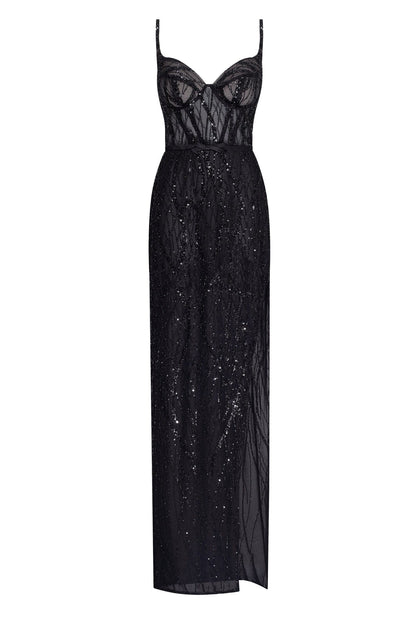 Stevie Black Dress with Sequin Mesh and Fine Straps