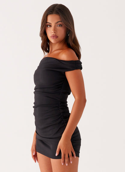 Marlene Black Mini Dress with Off-Shoulder Neck and Ruching