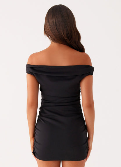 Marlene Black Mini Dress with Off-Shoulder Neck and Ruching