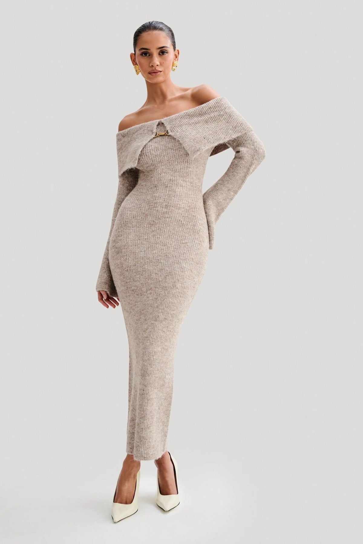 Dara Sweater Dress with Off-Shoulder Fold Neck