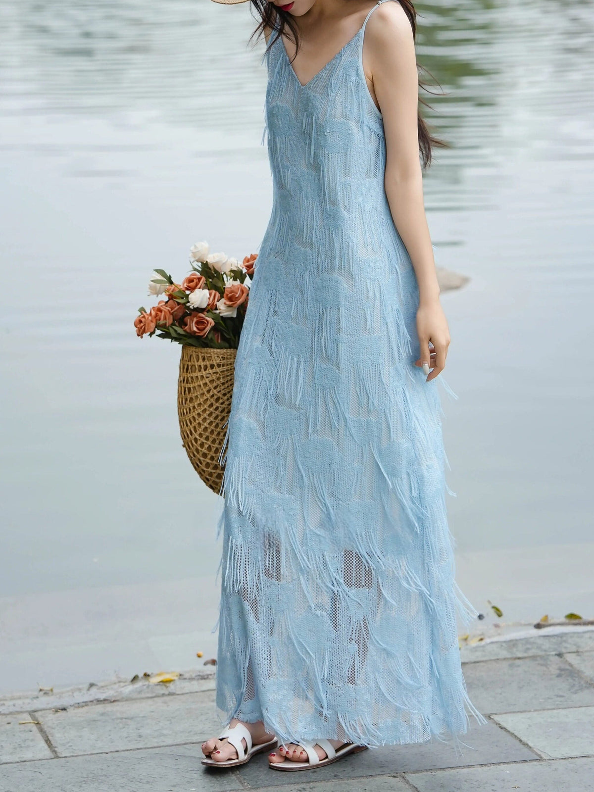 Martha French Fringe Slip Maxi Dress