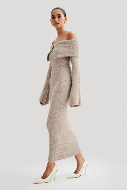 Dara Sweater Dress with Off-Shoulder Fold Neck