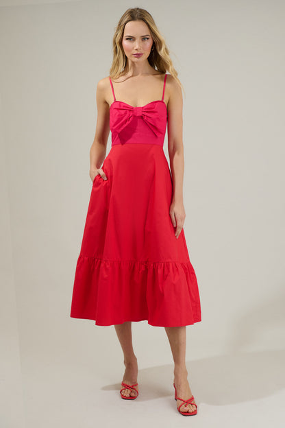 Bronte Red Dress with Bow Front and Satin Midi Skirt