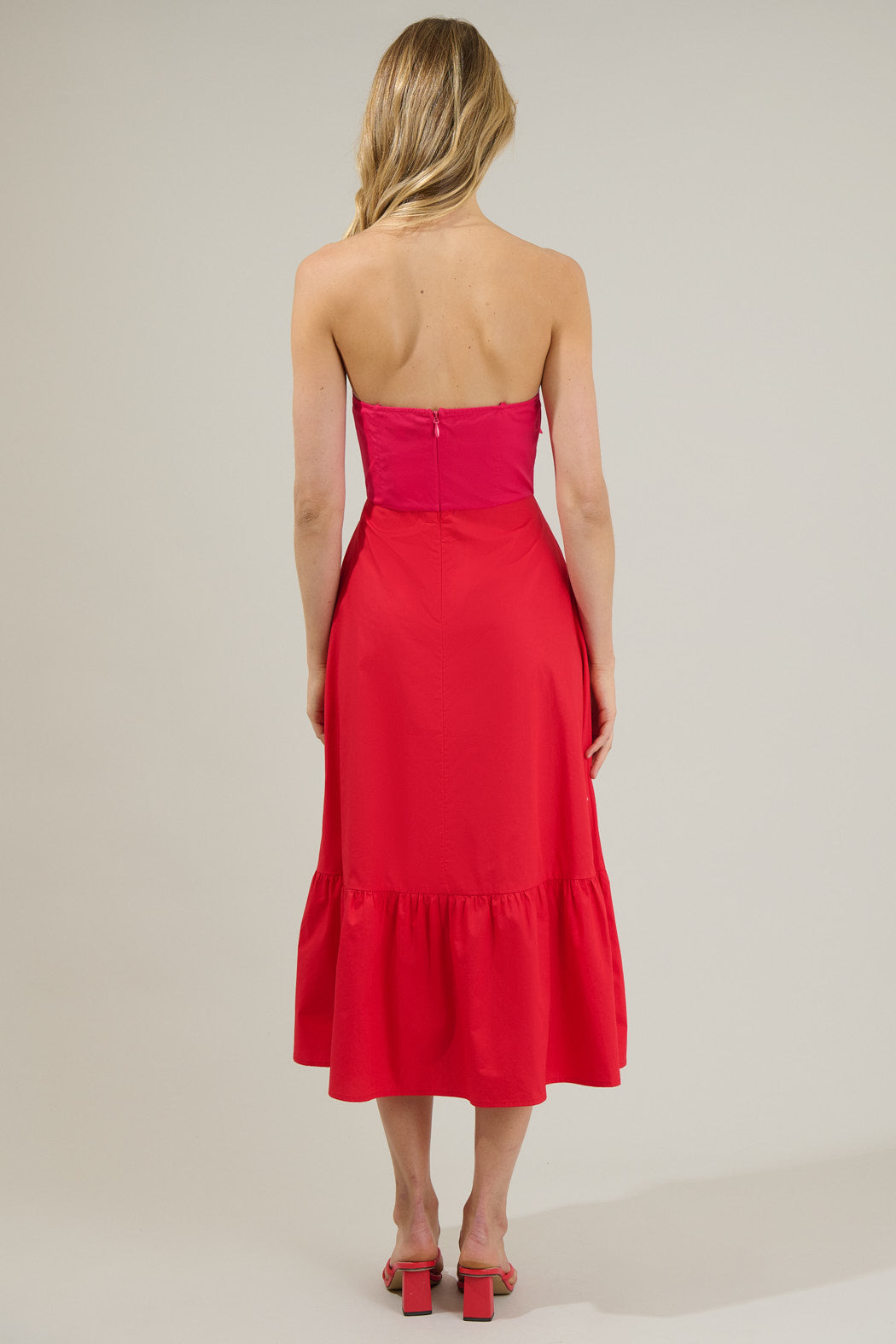 Bronte Red Dress with Bow Front and Satin Midi Skirt