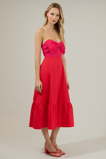 Bronte Red Dress with Bow Front and Satin Midi Skirt