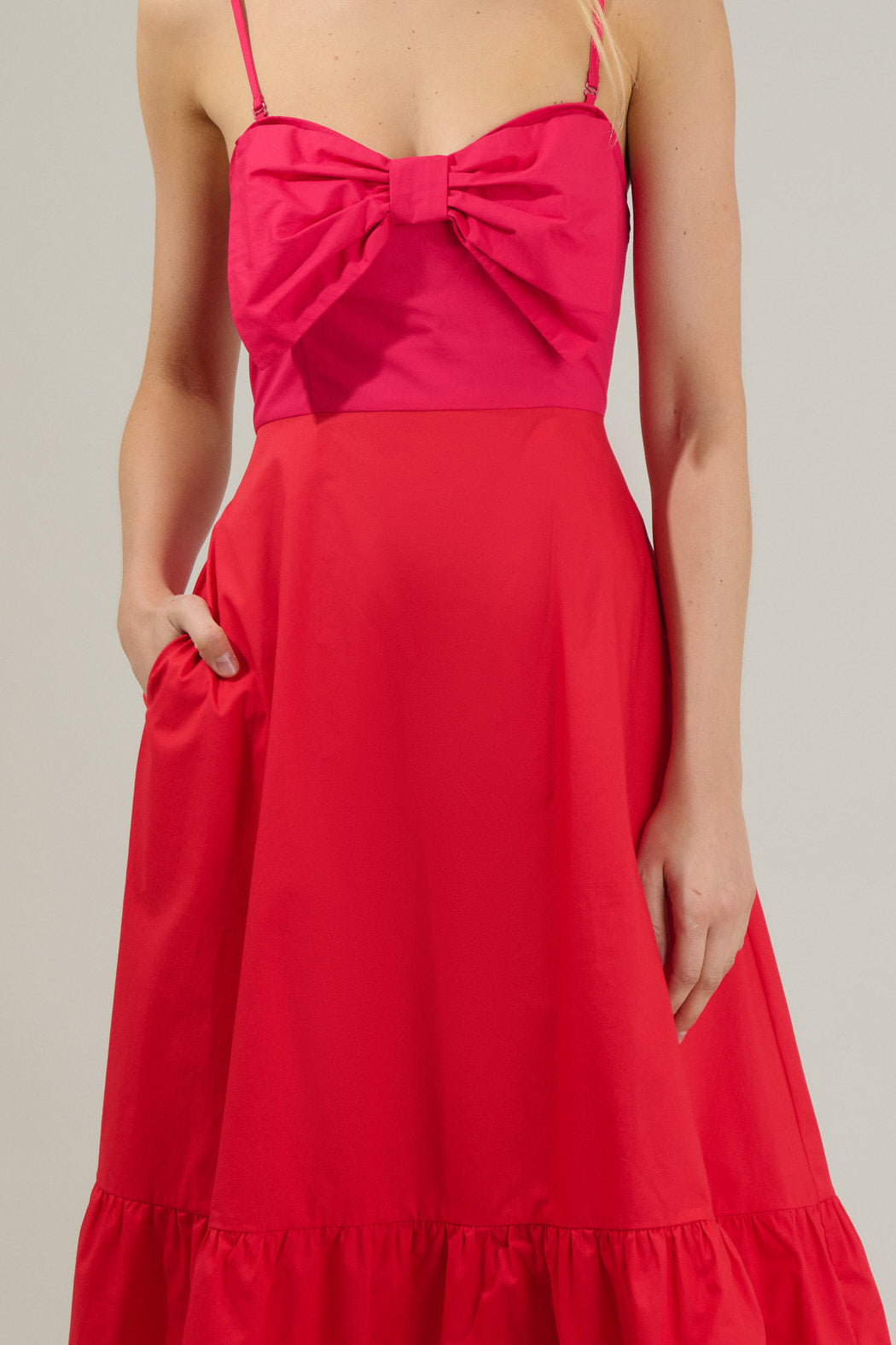 Bronte Red Dress with Bow Front and Satin Midi Skirt